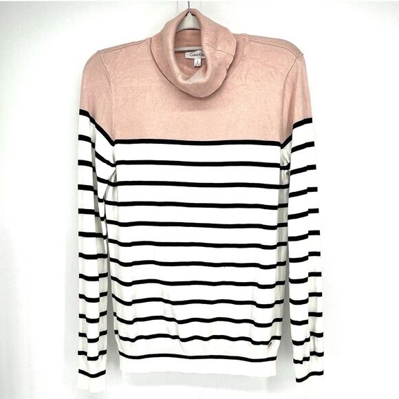 Calvin Klein Turtleneck Lightweight Sweater Medium Striped Peach Pink Colorblock - Picture 2 of 7